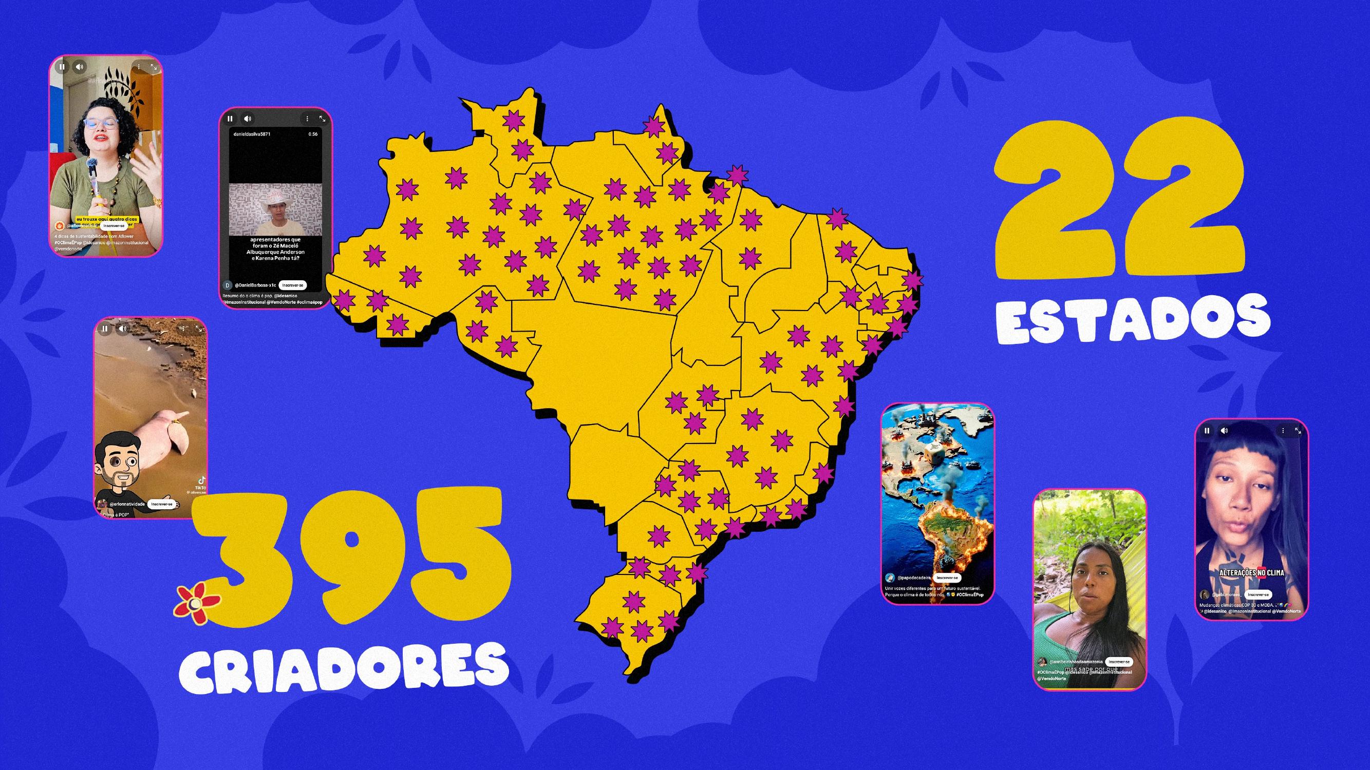Mapa do Brasil com os 395 criadores de conteúdo de 22 estados que participaram de O Clima é POP